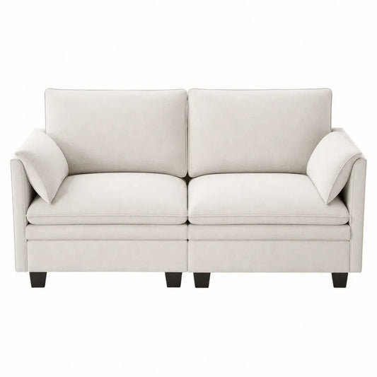 Sofá de 2 plazas tapizado en tejido beige con cojines desmontables patas de madera negra 170 x 85 x 80 cm