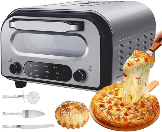 Four électrique à pizza, 12 pouces, 1700 W, minuteur, 2 zones de température, 6 préréglages de pizza, comptoir à 450°C