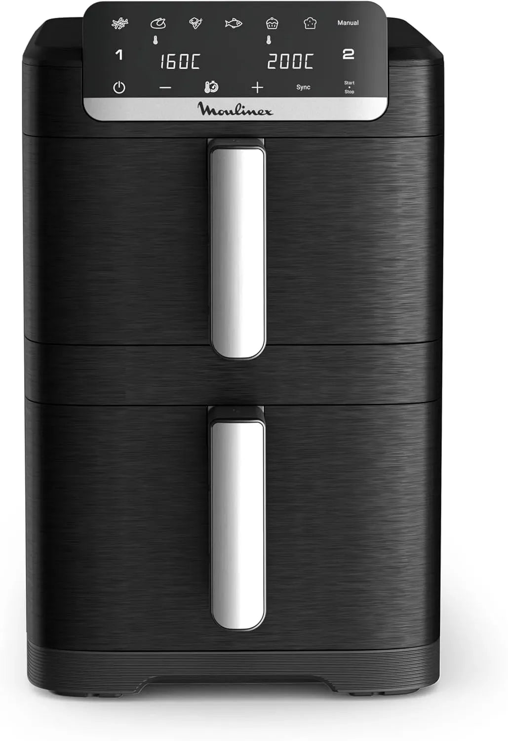 Moulinex Friteuse à air chaud, 10 L, 7 programmes, noir, Friteuse sans huile double tiroir verticaux 8 personnes, 7 programmes automatiques