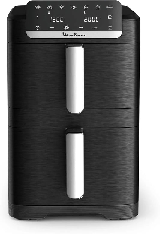 Moulinex Friteuse à air chaud, 10 L, 7 programmes, noir, Friteuse sans huile double tiroir verticaux 8 personnes, 7 programmes automatiques