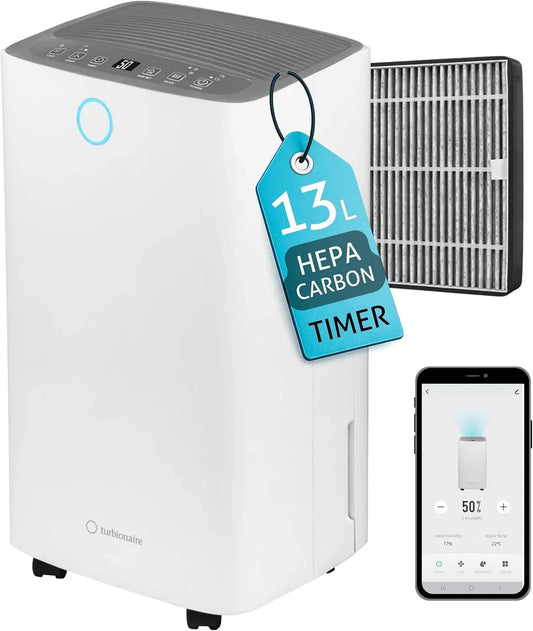 Déshumidificateur 2-en-1, Wi-Fi, silencieux, Turbionaire Senso 13 WiFi, 13 L/Jour, Jusqu'à 30 m², HEPA + Charbon Actif