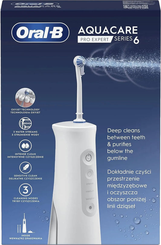 3 Embouts, Oral-B AquaCare Pro-Expert Série 6 Irrigateur équipé de Technologie Oxyjet, Blanc, 2 Types De Flux D'eau