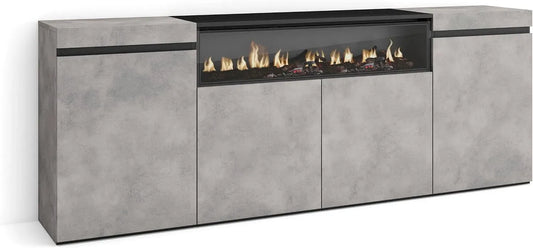 Cheminée électrique, Skraut Home, pour Buffet Salon et Cuisine, 200x75x35cm, 4 Portes, Meuble de Rangement, Commode