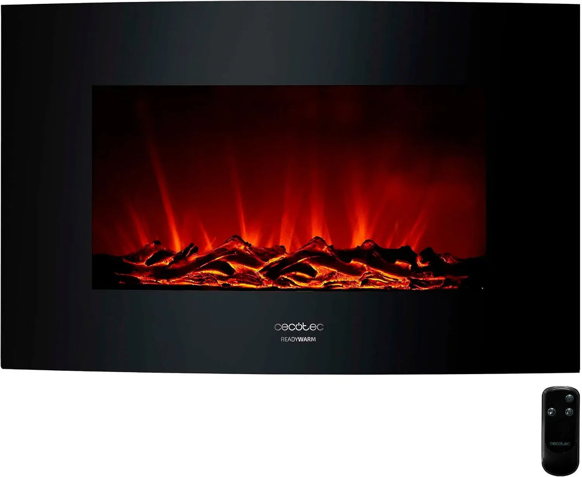 Cecotec Minuteur, Panneau Courbé en Verre Trempé, Cheminée Électrique Décorative 35' avec Télécommande Ready Warm 3510 Curved Flames, Puissance