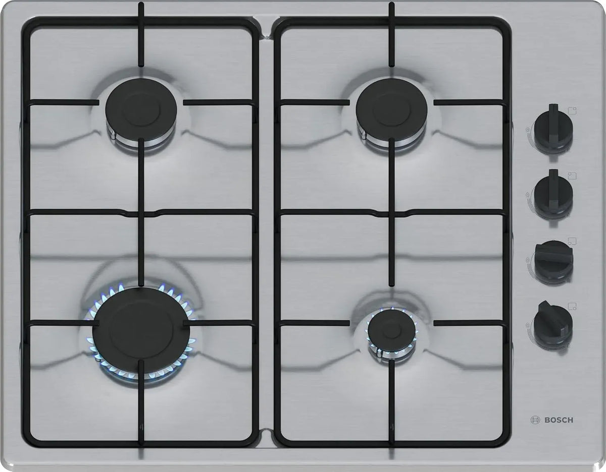 Bosch PBP6B5K80 Plaque de cuisson à gaz, 60 cm, acier inoxydable, table de cuisson à gaz, Série 2, 4 foyers