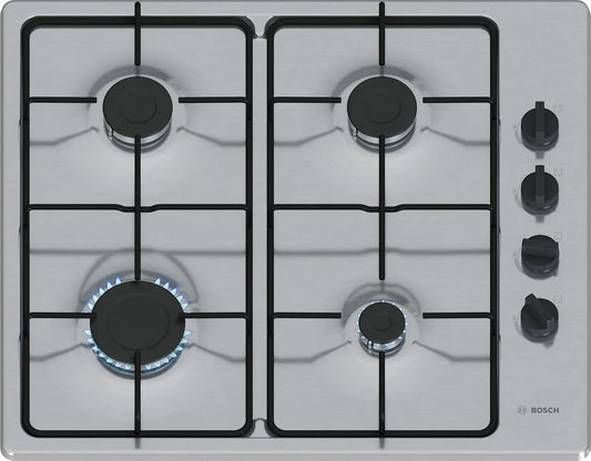 Bosch PBP6B5K80 Plaque de cuisson à gaz, 60 cm, acier inoxydable, table de cuisson à gaz, Série 2, 4 foyers