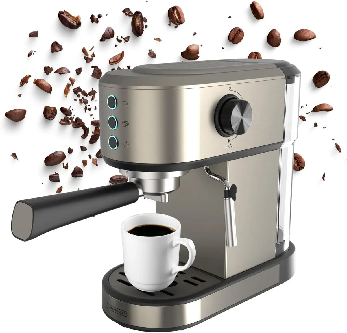 Black+Decker BXCO1350E Machine à Espresso, Orientable, 1 L, 1350 W, 2 Tasses, grand réservoir, vapeur, amovible, fonction chauffante, noir