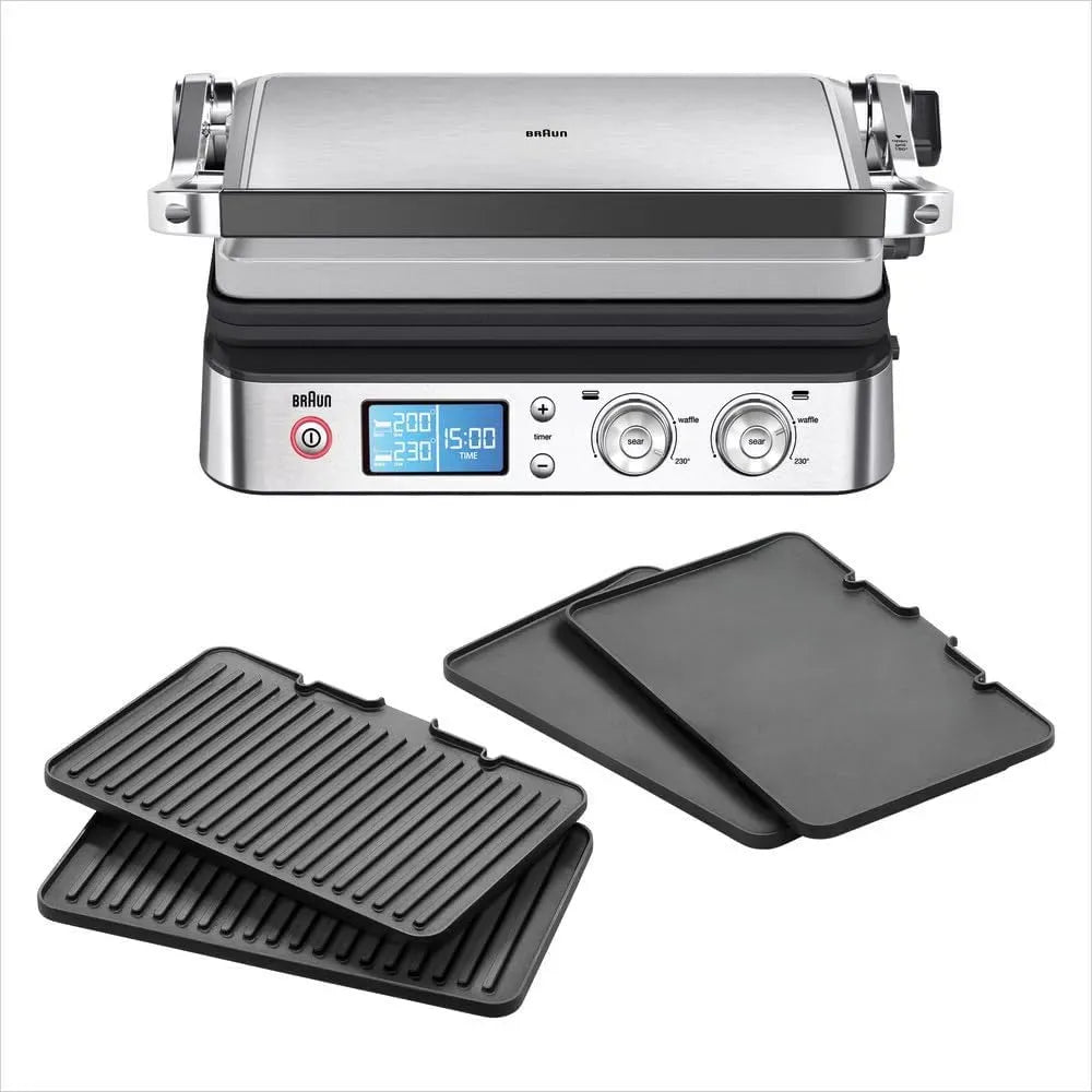 Braun CG 9043 Lave-vaisselle, 2000 W, pose libre, gril, thermostat, acier inoxydable, noir, MultiGrill 9, 2 Thermostats Indépendants, Noir/Inox