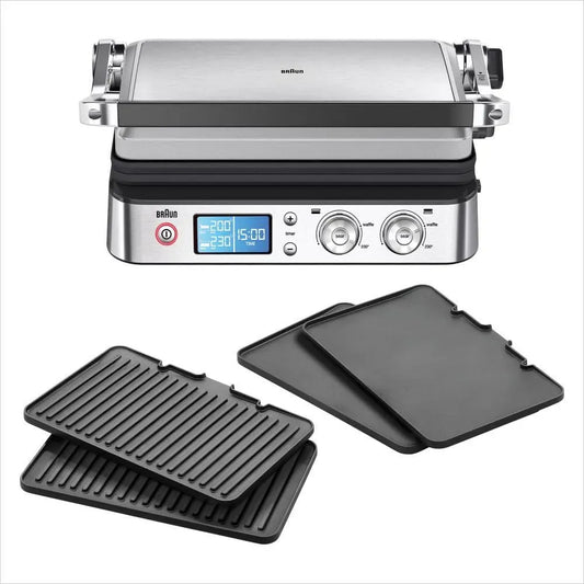 Braun CG 9043 Lave-vaisselle, 2000 W, pose libre, gril, thermostat, acier inoxydable, noir, MultiGrill 9, 2 Thermostats Indépendants, Noir/Inox