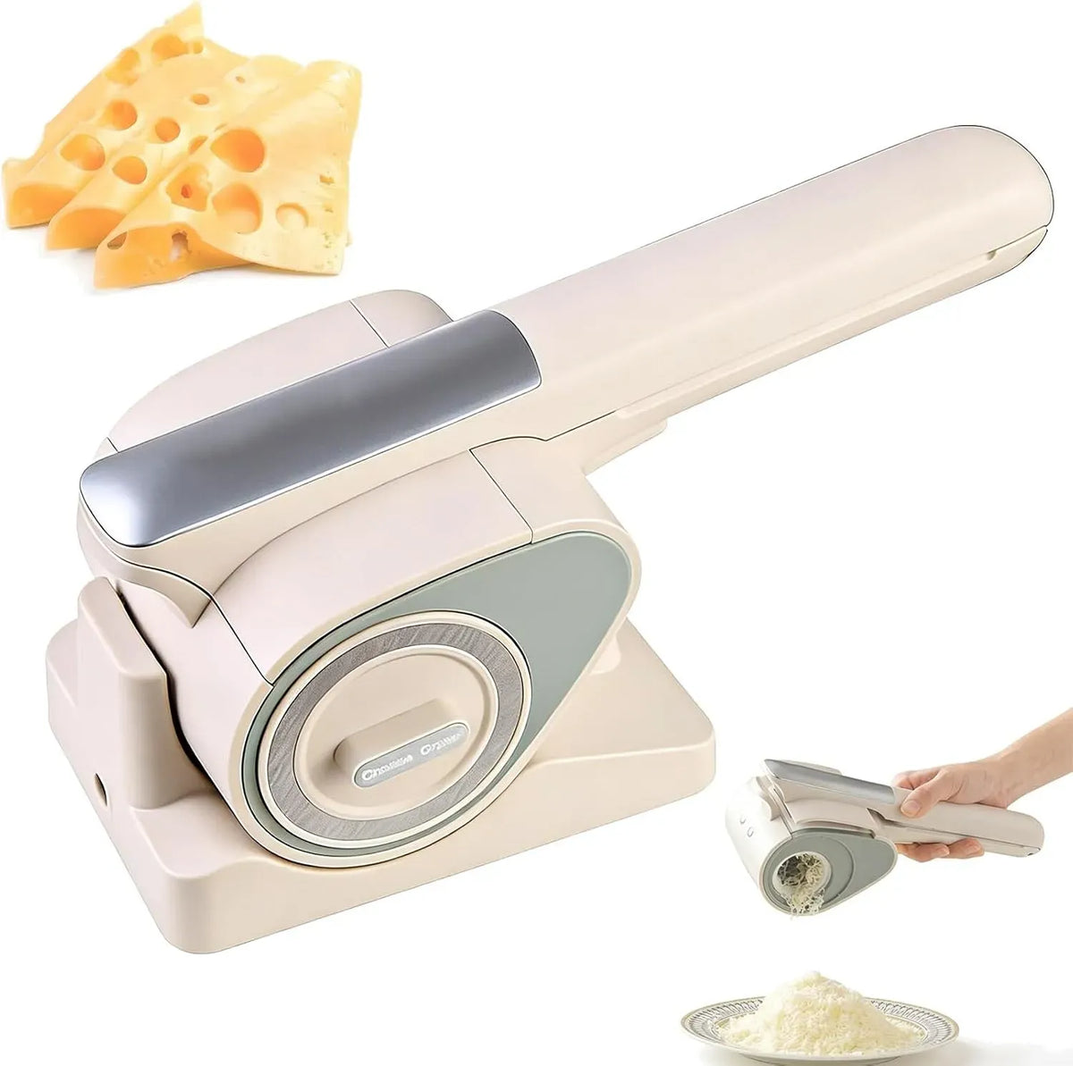 Râpe à fromage électrique sans fil, tranchage rapide, Trancheuse rotative automatique avec 2 tambours rotatifs, autonomie de 2 kg, broyage, fruits et
